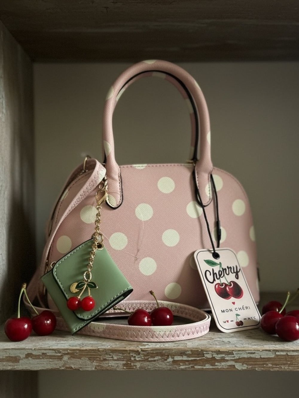 Mon Cheri Cherry Dome Top Carry/ Crossbody Satchel- Pink Polka with Cherry 
NWT